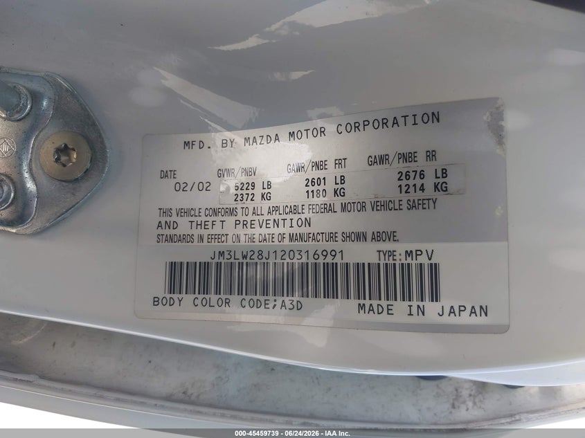 2002 Mazda Mpv VIN JM3LW28J120316991 IAAI salvage auction — NORMAL WEAR, Clear - Dealer Only (California), sold $700 on 2026-07-07 (photo 9)