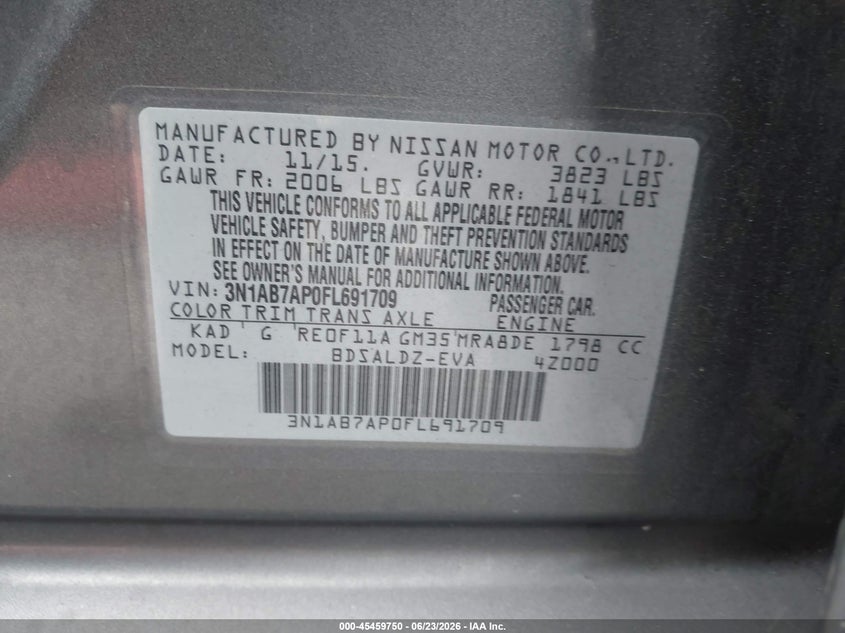 2015 Nissan Sentra VIN 3N1AB7AP0FL691709 IAAI salvage auction — FRONT END, Salvage (California), sold $750 on 2026-07-09 (photo 9)