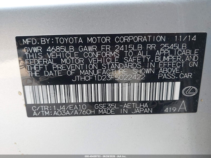 2015 Lexus Is VIN JTHCF1D23F5022422 IAAI salvage auction — FRONT END, Salvage Title, sold $7,100 on 2026-09-30 (photo 9)
