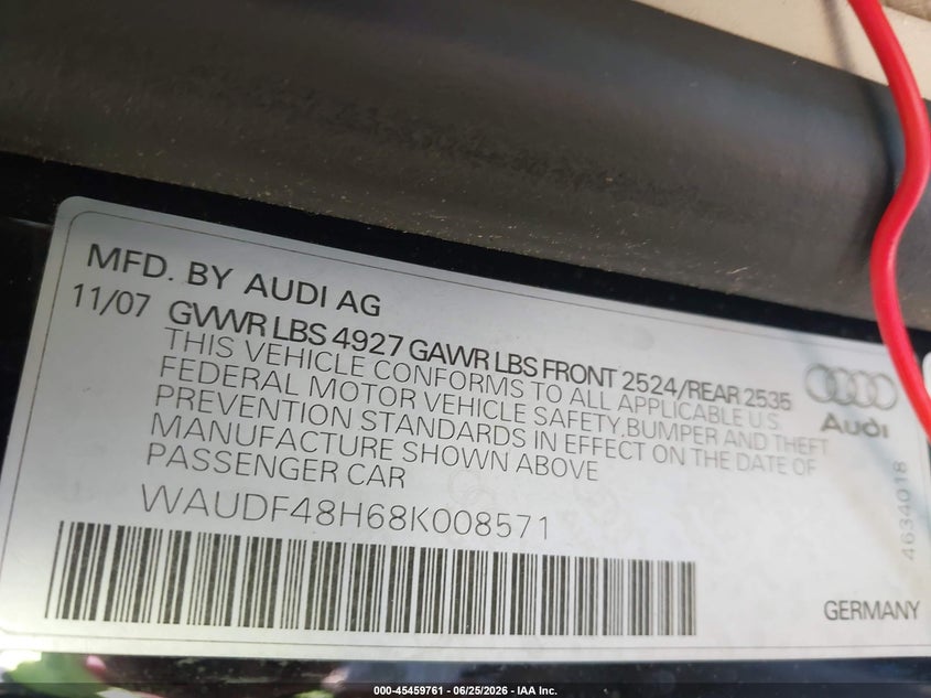 2008 Audi A4 VIN WAUDF48H68K008571 IAAI salvage auction — NORMAL WEAR, Clear (Tennessee), sold $650 on 2026-07-15 (photo 9)