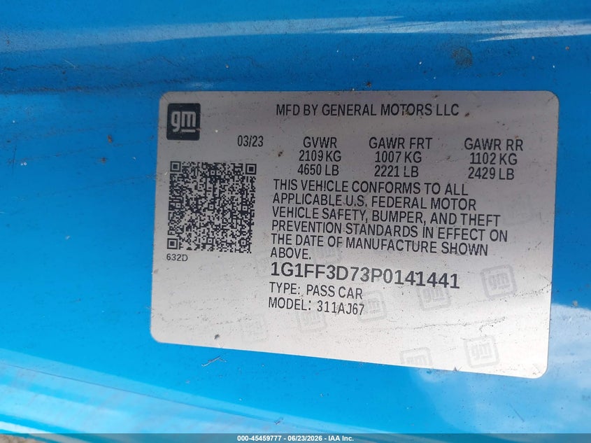 2023 Chevrolet Camaro VIN 1G1FF3D73P0141441 IAAI salvage auction — FRONT END, Clear (Florida), sold $3,900 on 2026-07-09 (photo 9)