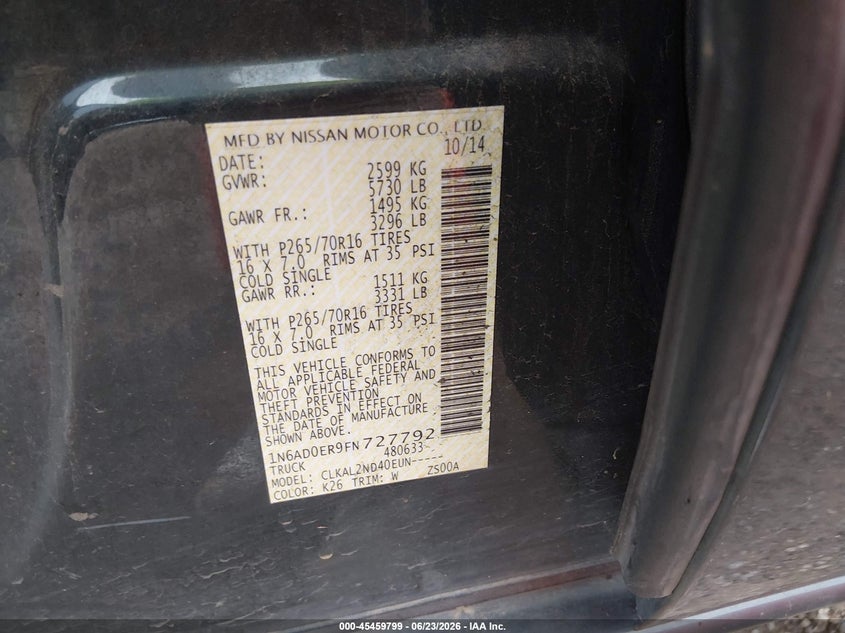 2015 Nissan Navara (frontier) VIN 1N6AD0ER9FN727792 IAAI salvage auction — NORMAL WEAR, Clear - Public Restricted (Oklahoma), sold $3,375 on 2026-07-06 (photo 9)