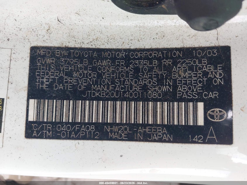 2004 Toyota Prius VIN JTDKB20U140011080 IAAI salvage auction — NORMAL WEAR, Clear (Georgia), sold $350 on 2026-07-30 (photo 9)