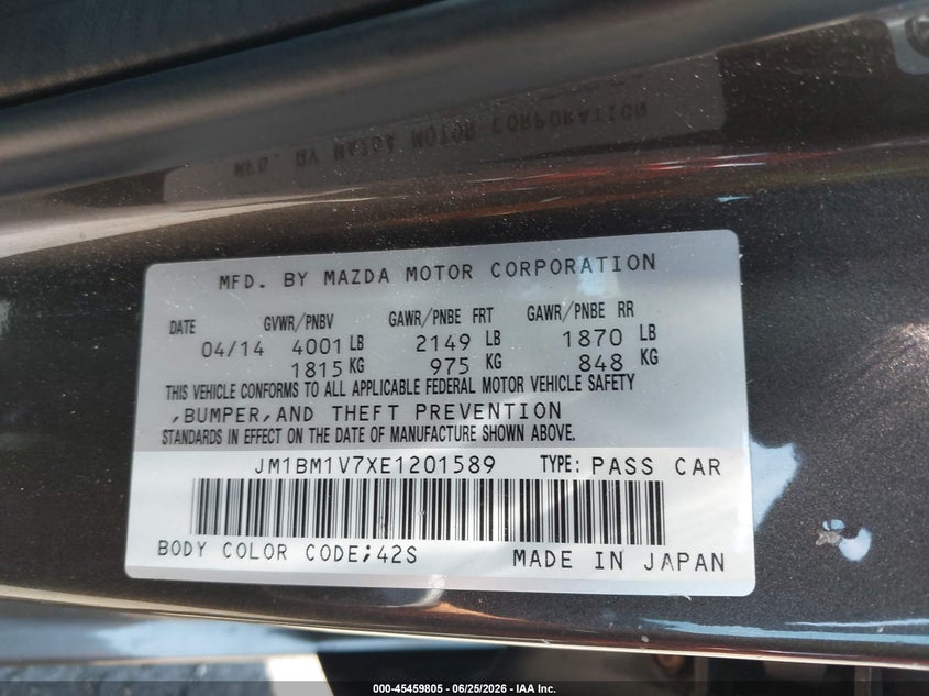 2014 Mazda 3 VIN JM1BM1V7XE1201589 IAAI salvage auction — FRONT END, Salvage - Greater Than 75% (Maryland), sold $800 on 2026-07-09 (photo 9)