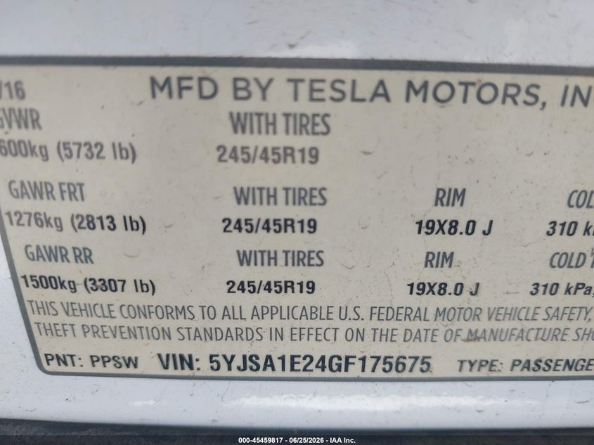 2016 Tesla Model s VIN 5YJSA1E24GF175675 IAAI salvage auction — SIDE, Salvage (California), sold $3,750 on 2026-08-02 (photo 9)