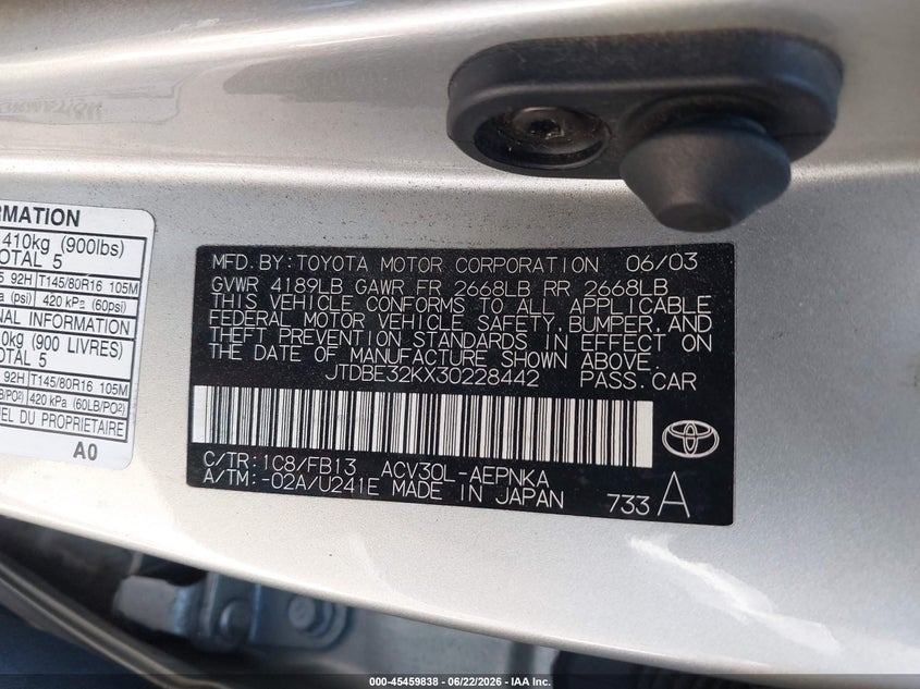2003 Toyota Camry VIN JTDBE32KX30228442 IAAI salvage auction — UNKNOWN, Clear - Dealer Only (California), sold $525 on 2026-07-08 (photo 9)