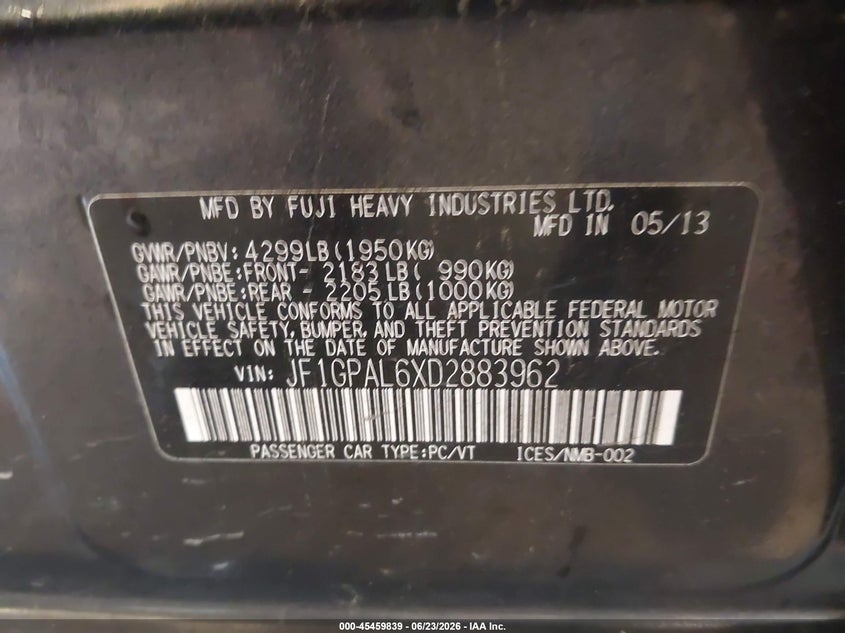 2013 Subaru Impreza VIN JF1GPAL6XD2883962 IAAI salvage auction — FRONT END, Salvage - Greater Than 75% (Maryland), sold $125 on 2026-07-28 (photo 9)