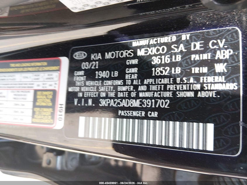 2021 Kia Rio VIN 3KPA25AD8ME391702 IAAI salvage auction — REAR END, Salvage Title, sold $2,200 on 2026-08-25 (photo 9)