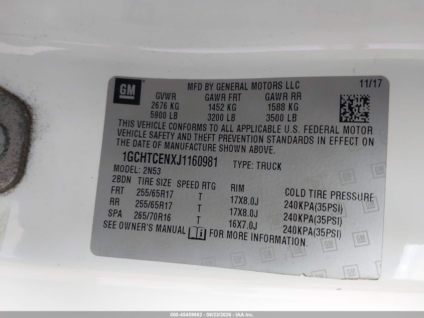 2018 Chevrolet Colorado VIN 1GCHTCENXJ1160981 IAAI salvage auction — NORMAL WEAR, Salvage Title, sold $1,550 on 2026-07-23 (photo 9)