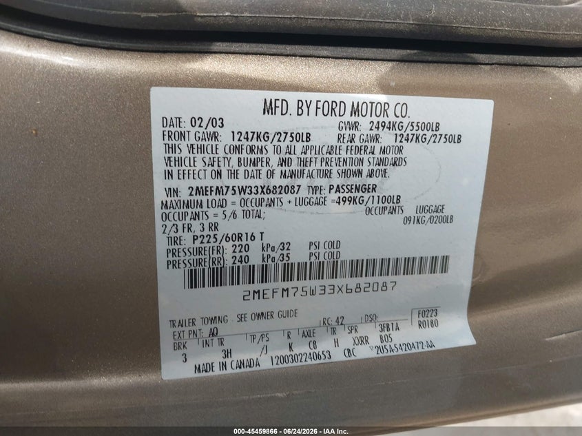 2003 Mercury Grand marquis VIN 2MEFM75W33X682087 IAAI salvage auction — NORMAL WEAR, Clear (Illinois), sold $425 on 2026-07-22 (photo 9)