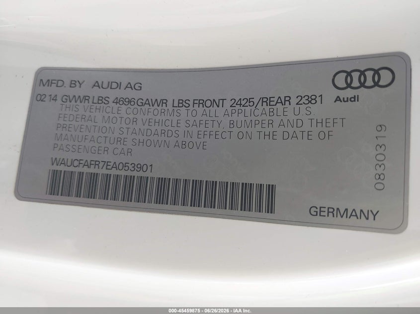 2014 Audi A5 VIN WAUCFAFR7EA053901 IAAI salvage auction — SUSPENSION, Bill Of Sale (Washington), sold $650 on 2026-07-21 (photo 9)