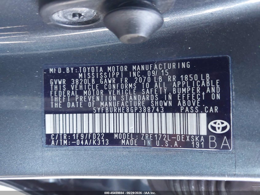2016 Toyota Corolla VIN 5YFBURHE8GP388743 IAAI salvage auction — FRONT END, Rebuildable (Florida), sold $775 on 2026-07-29 (photo 9)