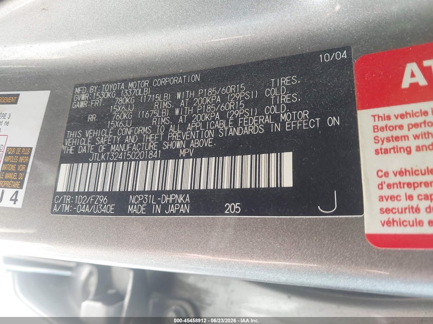 2005 Scion Xb VIN JTLKT324150201841 IAAI salvage auction — NORMAL WEAR, Original (Ohio), sold $475 on 2026-07-21 (photo 9)