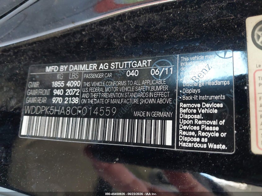 2012 Mercedes-benz Slk-klasse VIN WDDPK5HA8CF014559 IAAI salvage auction — FRONT END, Rebuildable (Florida), sold $950 on 2026-07-29 (photo 9)