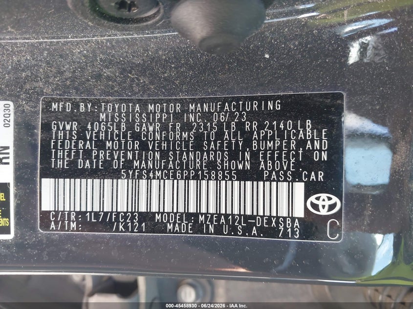 2023 Toyota Corolla VIN 5YFS4MCE6PP158855 IAAI salvage auction — LEFT FRONT, Salvage (Indiana), sold $25 on 2026-07-29 (photo 9)