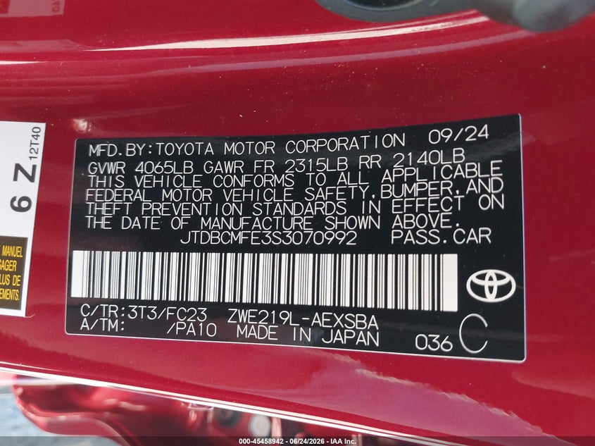 2025 Toyota Corolla VIN JTDBCMFE3S3070992 IAAI salvage auction — FRONT END, Salvage Title, sold $6,200 on 2026-07-17 (photo 9)