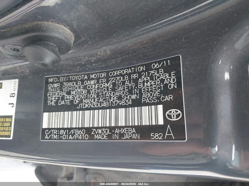 2011 Toyota Prius VIN JTDKN3DU4B1379834 IAAI salvage auction — NORMAL WEAR, Clear (Missouri), sold $900 on 2026-07-30 (photo 9)