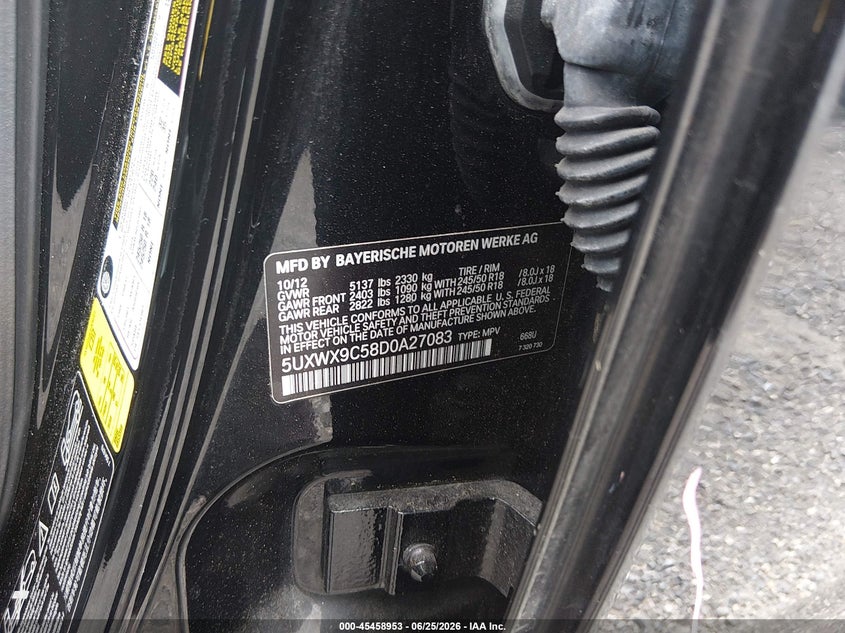 2013 BMW X3 VIN 5UXWX9C58D0A27083 IAAI salvage auction — FRONT END, Salvage Title, sold $1,600 on 2026-07-30 (photo 9)