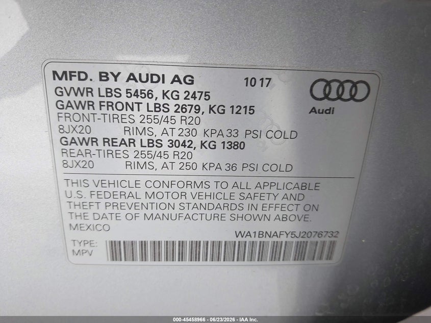 2018 Audi Q5 VIN WA1BNAFY5J2076732 IAAI salvage auction — FRONT END, Salvage (Arizona), sold $5,600 on 2026-07-29 (photo 9)