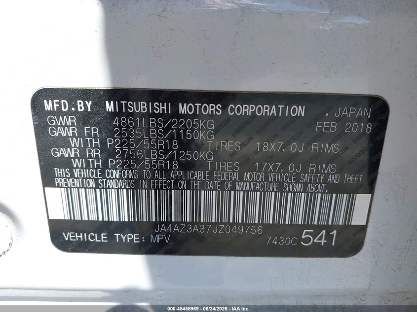 2018 Mitsubishi Outlander VIN JA4AZ3A37JZ049756 IAAI salvage auction — REAR END, Clear (Virginia), sold $2,150 on 2026-07-09 (photo 9)