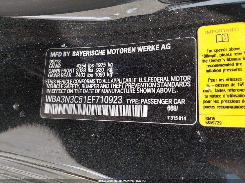 2014 BMW 4er VIN WBA3N3C51EF710923 IAAI salvage auction — WATER/FLOOD, Certificate Of Destruction (Louisiana), sold $1,850 on 2026-08-18 (photo 9)