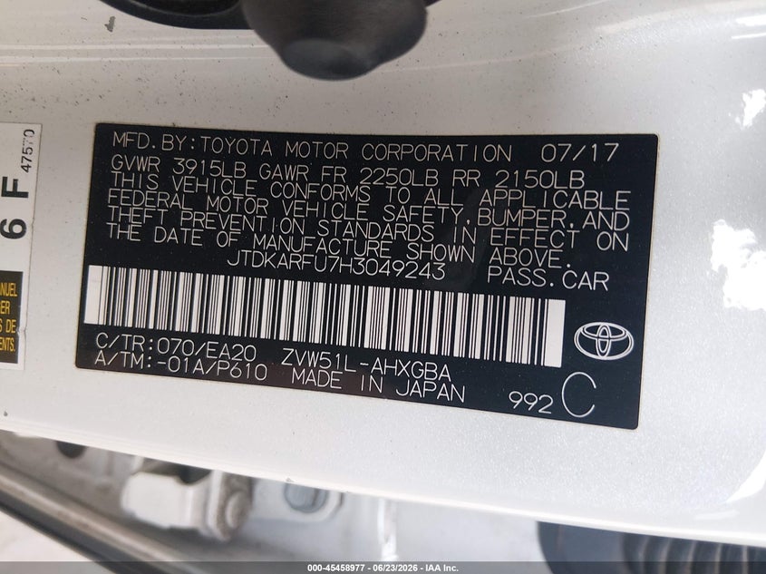 2017 Toyota Prius VIN JTDKARFU7H3049243 IAAI salvage auction — FRONT & REAR, Bill Of Sale (Washington), sold $3,150 on 2026-07-15 (photo 9)