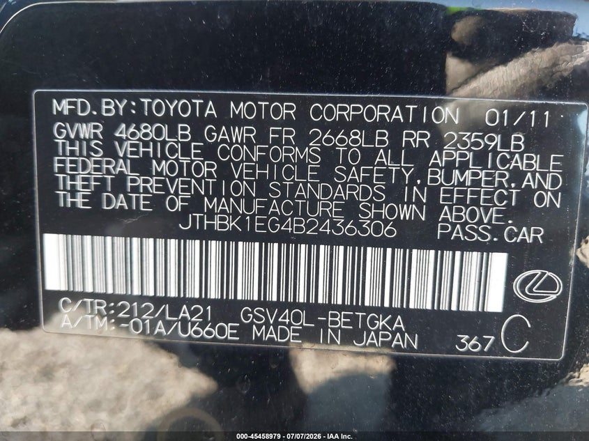 2011 Lexus Es 350 VIN JTHBK1EG4B2436306 IAAI salvage auction — REAR END, Salvage (Illinois), sold $825 on 2026-08-02 (photo 9)