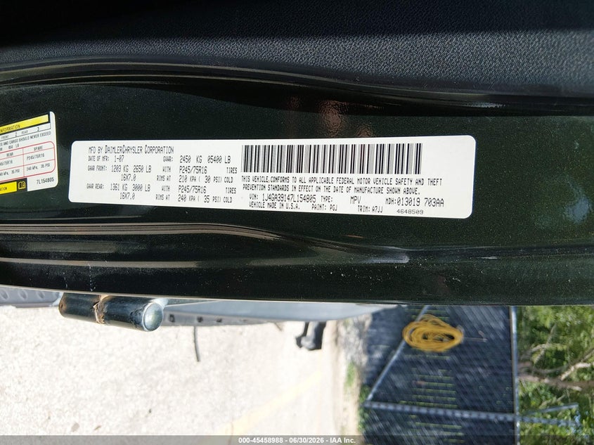 2007 Jeep Wrangler unlimited VIN 1J4GA39147L154805 IAAI salvage auction — LEFT FRONT, Salvage (Kansas), sold $75 on 2026-07-23 (photo 9)