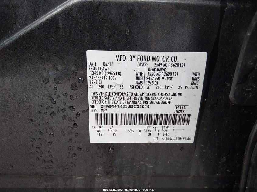 2018 Ford Edge VIN 2FMPK4K83JBC33014 IAAI salvage auction — NORMAL WEAR, Original (New Hampshire), sold $1,575 on 2026-07-18 (photo 9)