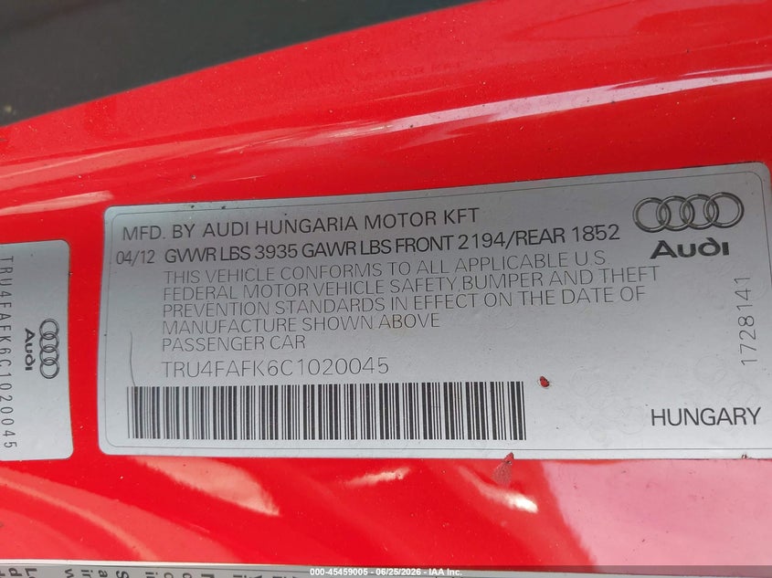 2012 Audi Tt VIN TRU4FAFK6C1020045 IAAI salvage auction — SUSPENSION, Salvage (North Carolina), sold $2,100 on 2026-07-30 (photo 9)