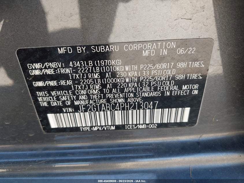 2023 Subaru VIN JF2GTABC4PH213047 IAAI salvage auction — REAR END, Salvage Title, sold $6,950 on 2026-07-20 (photo 9)