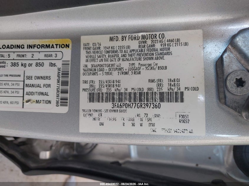2016 Ford Fusion VIN 3FA6P0H77GR397360 IAAI salvage auction — LEFT FRONT, Salvage Title, sold $700 on 2026-08-01 (photo 9)