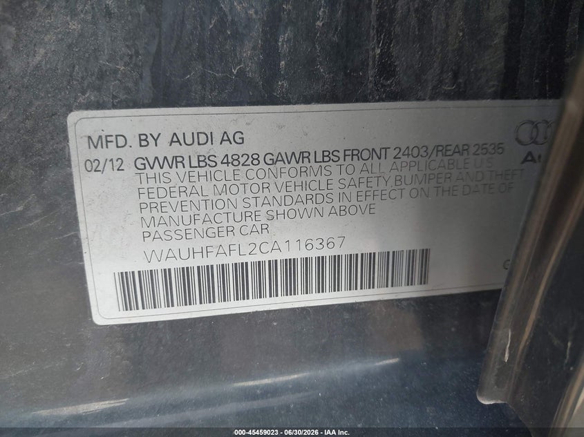 2012 Audi A4 VIN WAUHFAFL2CA116367 IAAI salvage auction — NORMAL WEAR, Clear (Pennsylvania), sold $875 on 2026-07-07 (photo 9)