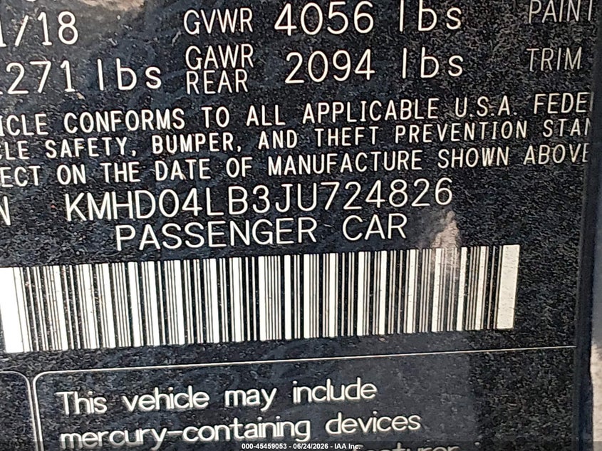 2018 Hyundai Elantra VIN KMHD04LB3JU724826 IAAI salvage auction — NORMAL WEAR, Original (Texas), sold $3,650 on 2026-07-29 (photo 9)