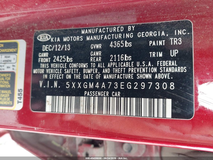 2014 Kia Optima VIN 5XXGM4A73EG297308 IAAI salvage auction — NORMAL WEAR, Clear (Illinois), sold $425 on 2026-07-22 (photo 9)