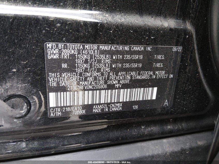 2022 Toyota Rav 4 VIN 2T3C1RFV0NC205906 IAAI salvage auction — RIGHT SIDE, Salvage Title, sold $8,700 on 2026-07-29 (photo 9)