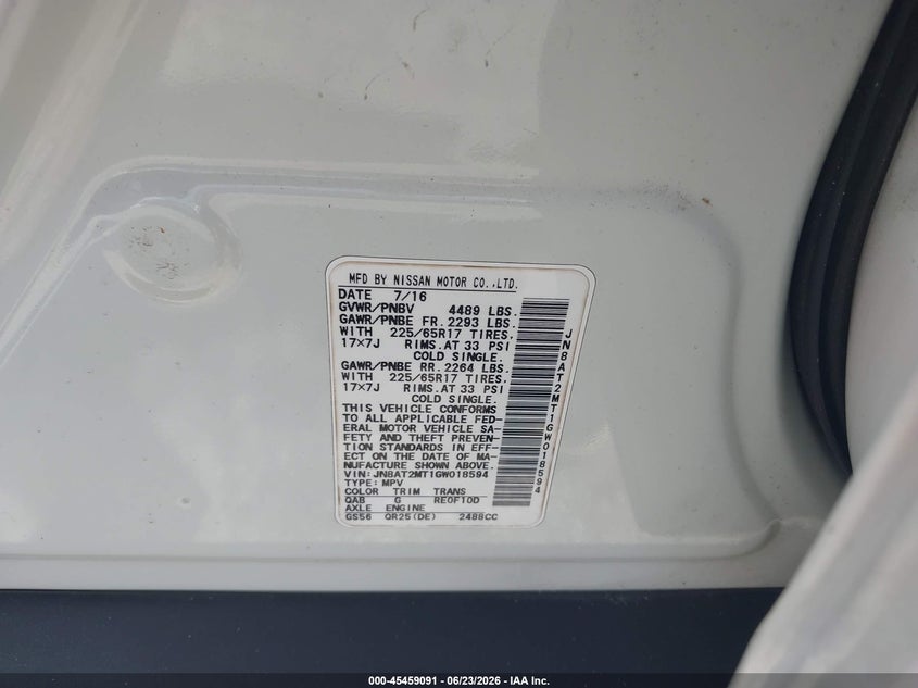 2016 Nissan Rogue VIN JN8AT2MT1GW018594 IAAI salvage auction — FRONT END, Salvage (Florida), sold $3,500 on 2026-07-26 (photo 9)
