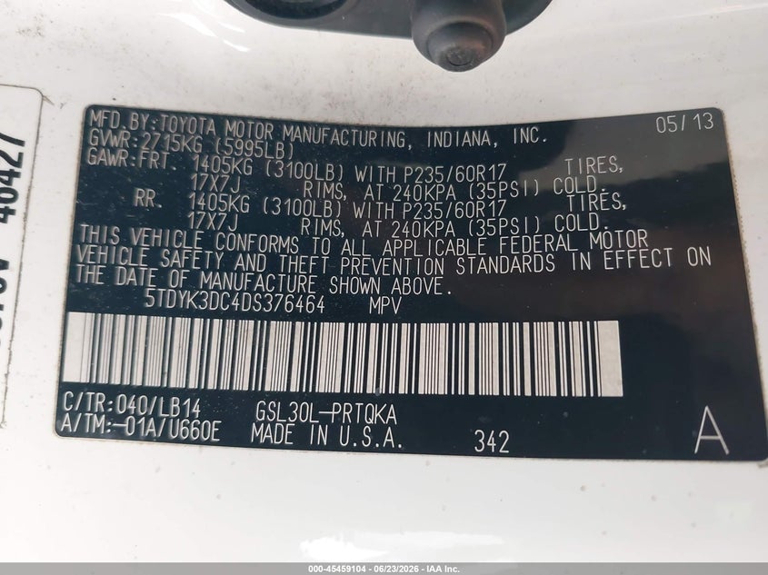 2013 Toyota Sienna VIN 5TDYK3DC4DS376464 IAAI salvage auction — FRONT & REAR, Salvage (California), sold $1,100 on 2026-07-15 (photo 9)
