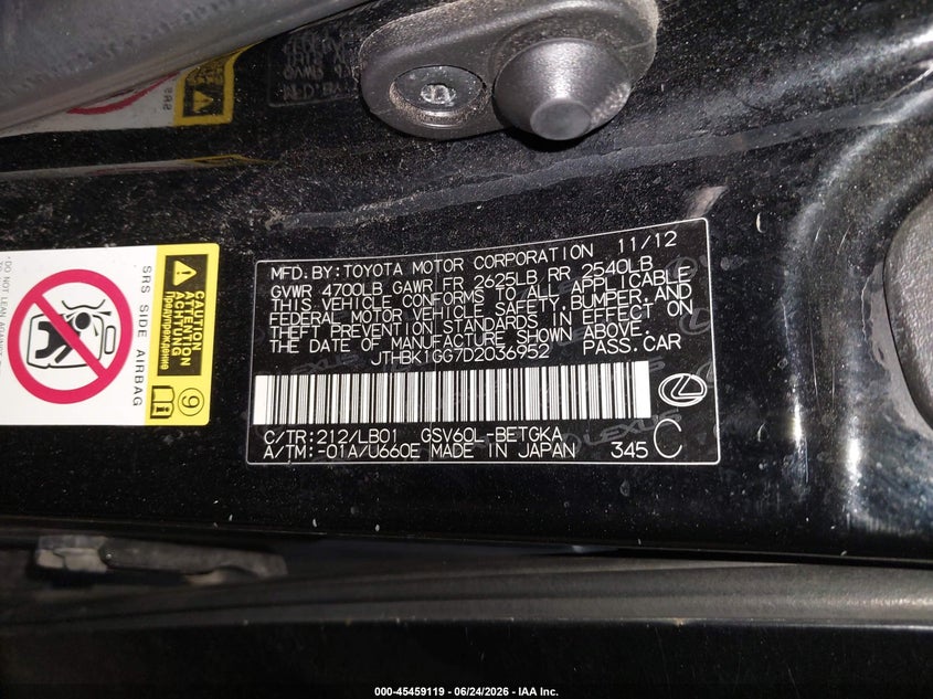 2013 Lexus ES VIN JTHBK1GG7D2036952 IAAI salvage auction — FRONT END, Salvage (Pennsylvania), sold $2,000 on 2026-07-17 (photo 9)
