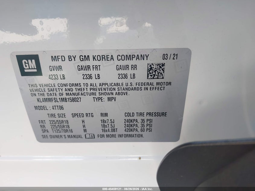 2021 Buick Encore gx VIN KL4MMFSL1MB158027 IAAI salvage auction — FRONT END, Salvage (Texas), sold $3,250 on 2026-07-28 (photo 9)