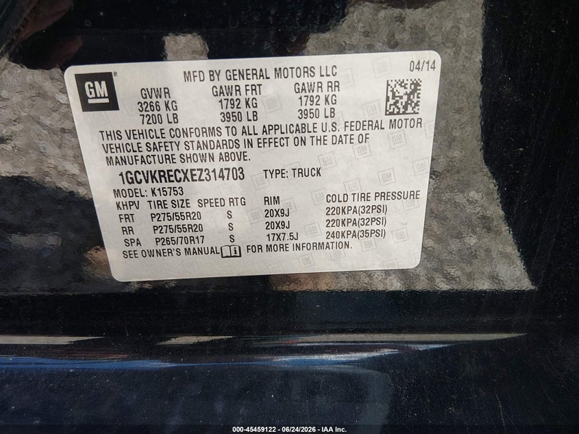 2014 Chevrolet Silverado VIN 1GCVKRECXEZ314703 IAAI salvage auction — FRONT & REAR, Salvage (Kentucky), sold $4,350 on 2026-08-01 (photo 9)