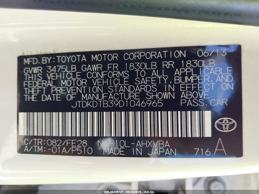 2013 Toyota Prius c VIN JTDKDTB39D1046965 IAAI salvage auction — FRONT & REAR, Salvage (Georgia), sold $1,050 on 2026-07-23 (photo 9)