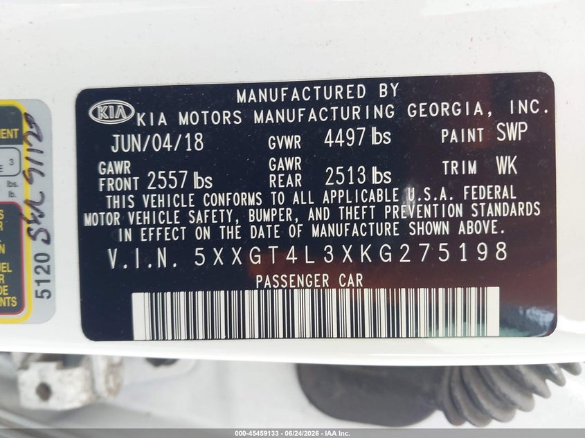 2019 Kia Optima VIN 5XXGT4L3XKG275198 IAAI salvage auction — LEFT FRONT, Clear (Michigan), sold $1,600 on 2026-07-30 (photo 9)