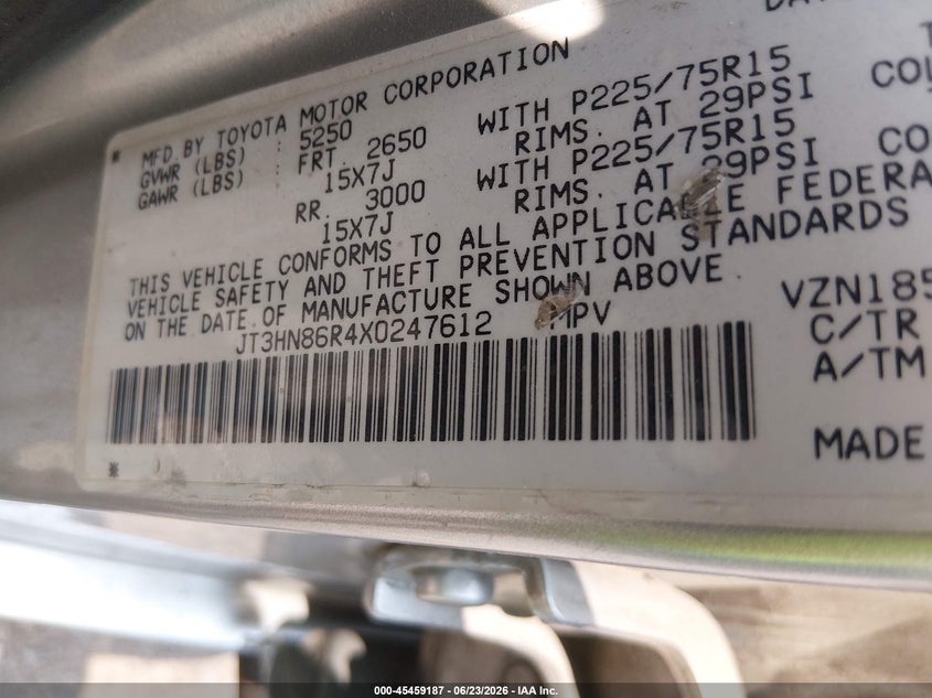 1999 Toyota 4runner VIN JT3HN86R4X0247612 IAAI salvage auction — FRONT END, Salvage (Colorado), sold $1,550 on 2026-07-31 (photo 9)