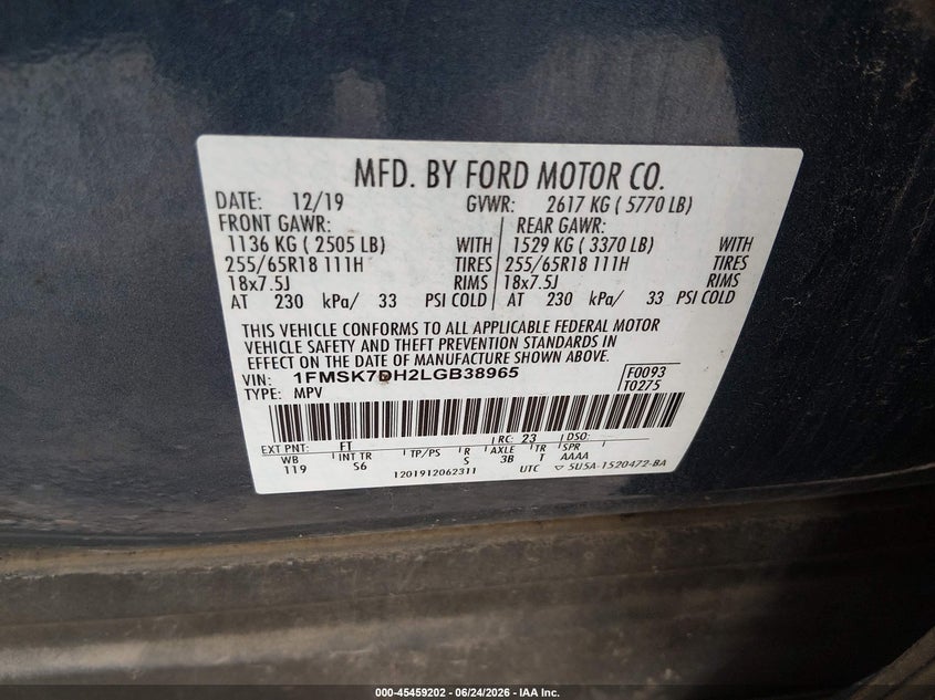 2020 Ford Explorer VIN 1FMSK7DH2LGB38965 IAAI salvage auction — BIOHAZARD/CHEMICAL, Salvage Title, sold $5,575 on 2026-07-23 (photo 9)