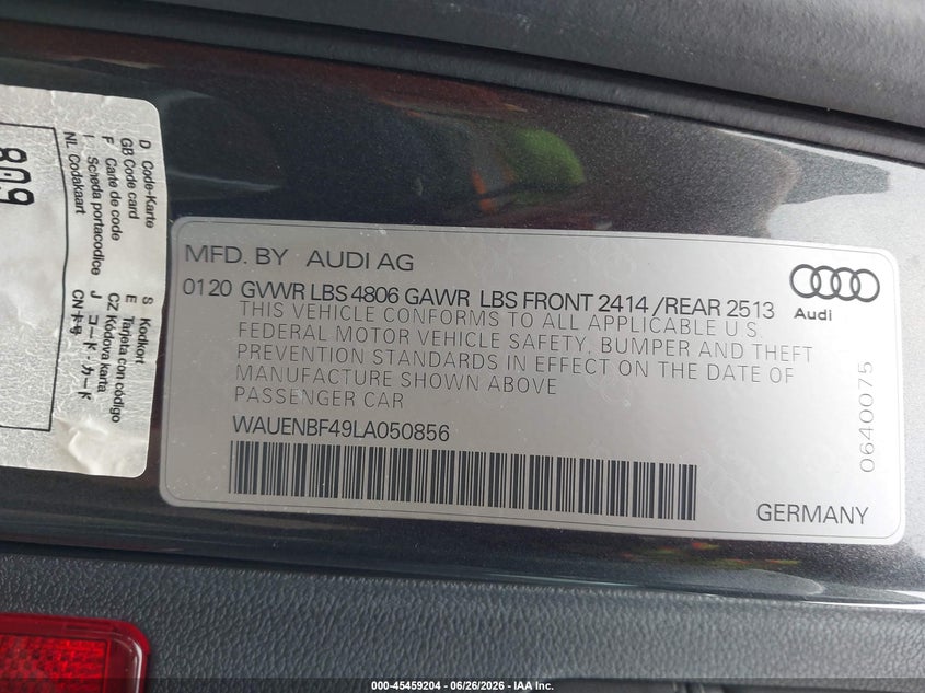 2020 Audi A4 VIN WAUENBF49LA050856 IAAI salvage auction — FRONT END, Salvage Title, sold $8,000 on 2026-07-31 (photo 9)