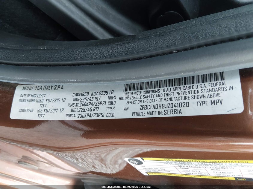 2018 Fiat 500l VIN ZFBCFADH9JZ041020 IAAI salvage auction — REAR END, Salvage Title, sold $3,050 on 2026-07-22 (photo 9)