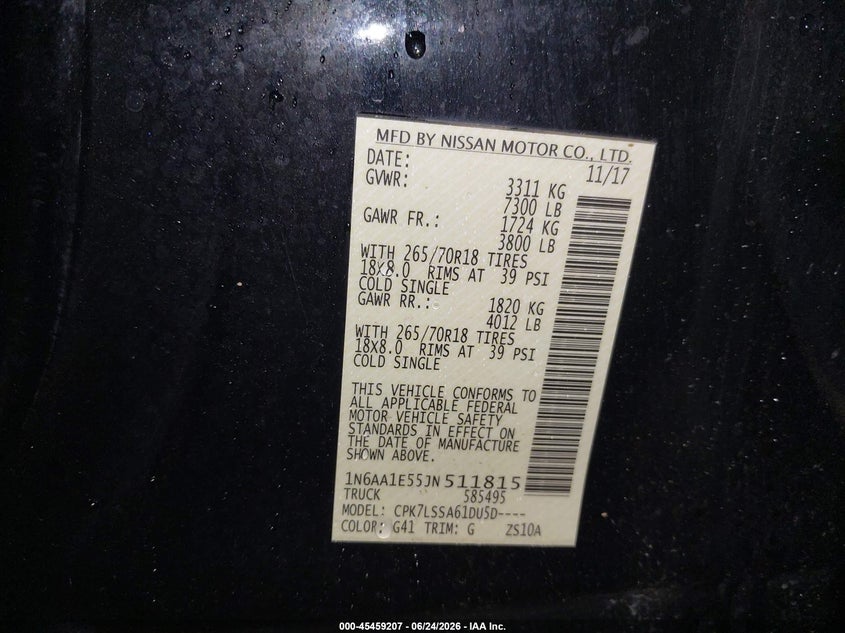 2018 Nissan TITAN VIN 1N6AA1E55JN511815 IAAI salvage auction — STORM DAMAGE, Salvage (North Dakota), sold $7,050 on 2026-07-30 (photo 9)