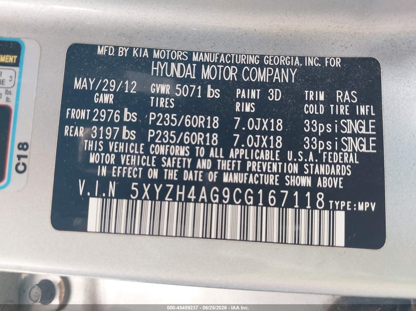 2012 Hyundai Santa fe VIN 5XYZH4AG9CG167118 IAAI salvage auction — REPOSSESSION, Nrc Lienholder Repossession Paperwork (Texas), sold $125 on 2026-07-20 (photo 9)