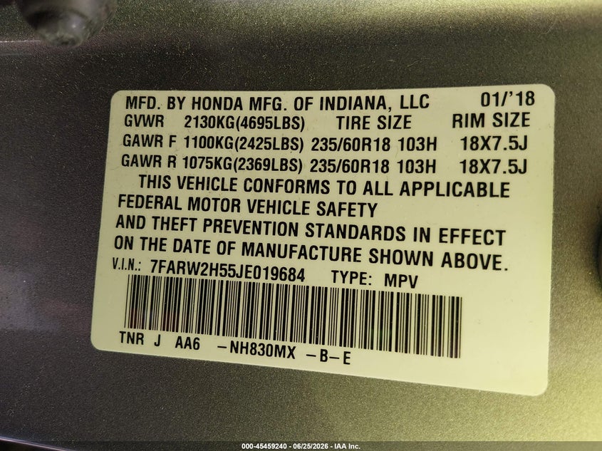 2018 Honda Cr-v VIN 7FARW2H55JE019684 IAAI salvage auction — FRONT END, Salvage (Ohio), sold $5,800 on 2026-07-08 (photo 9)
